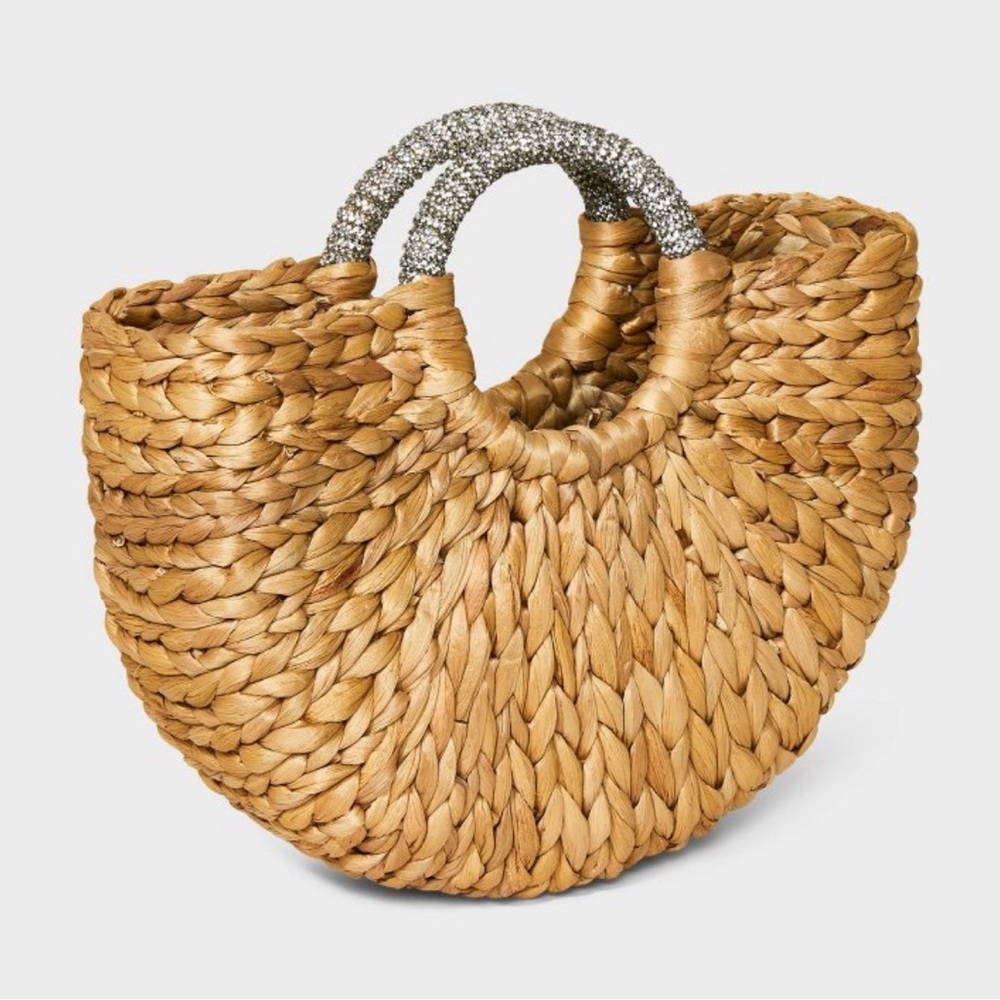 Straw summer tote with Rhinestone handles Mini straw tote handbag NWT - Picture 5 of 10